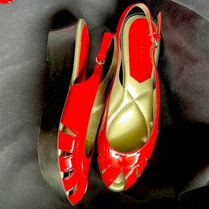 Patent red leather open toe wedges